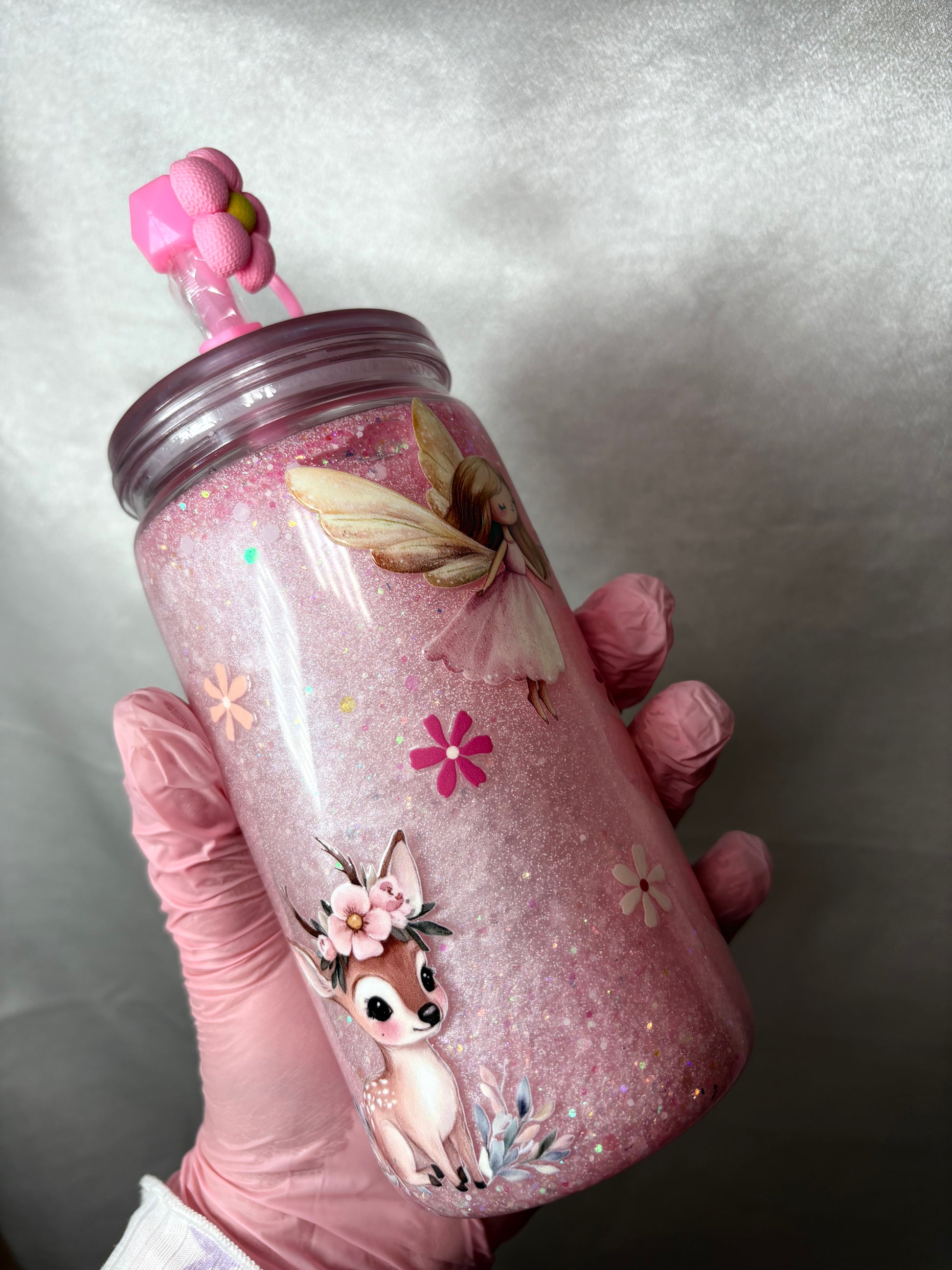 🧚‍♀️ Magischer Feen-Becher – mit Glitzer, Rehkitz & Blumen-Deckel