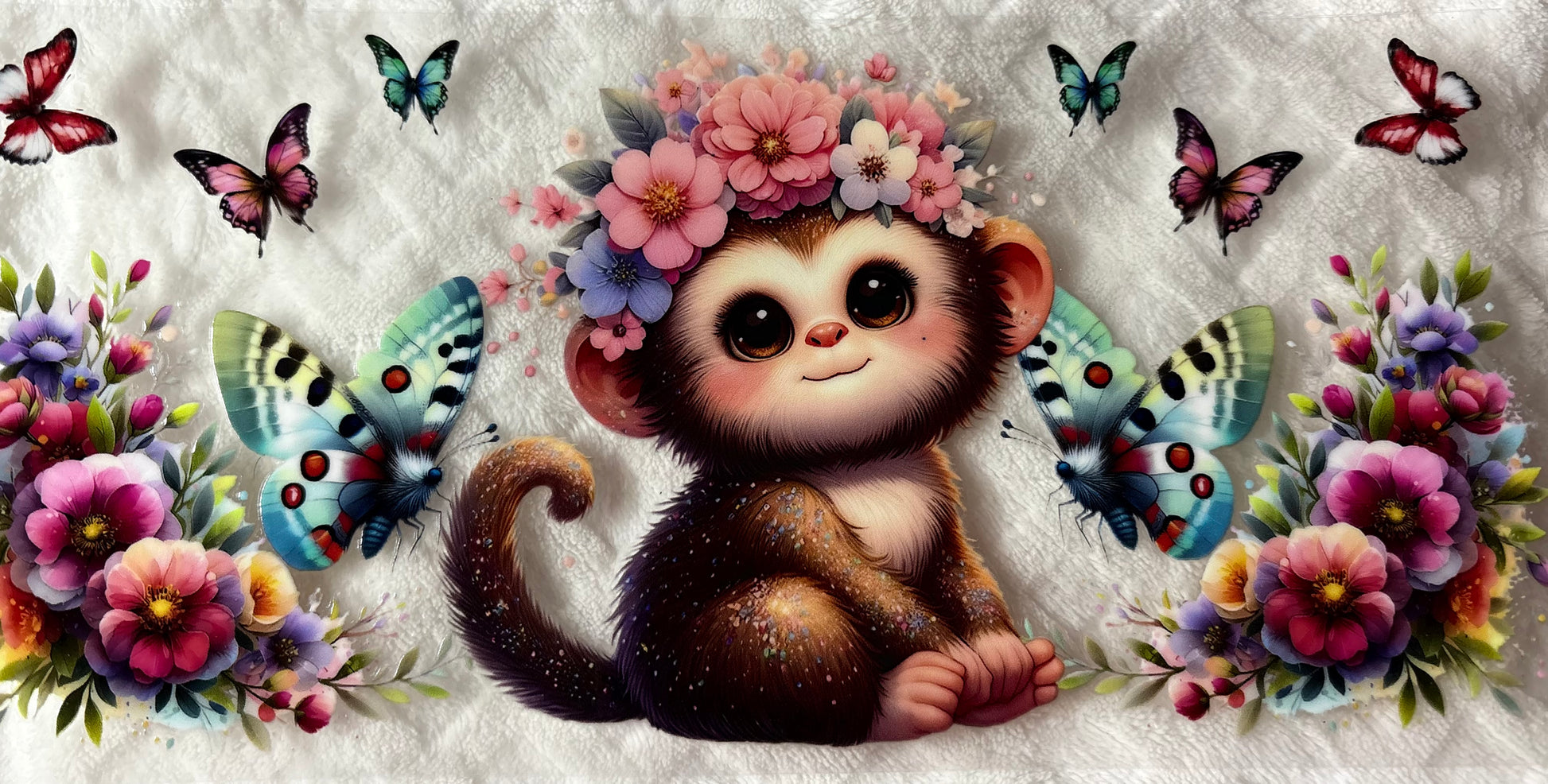 Affe mit Blumen und Schmetterlingen